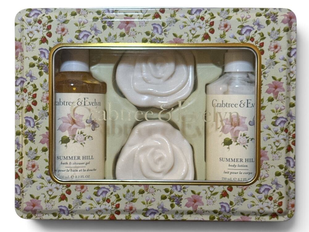 New Crabtree & Evelyn Summer Hill Bath Body Tin Gift Set Shower Gel Lotion Soap